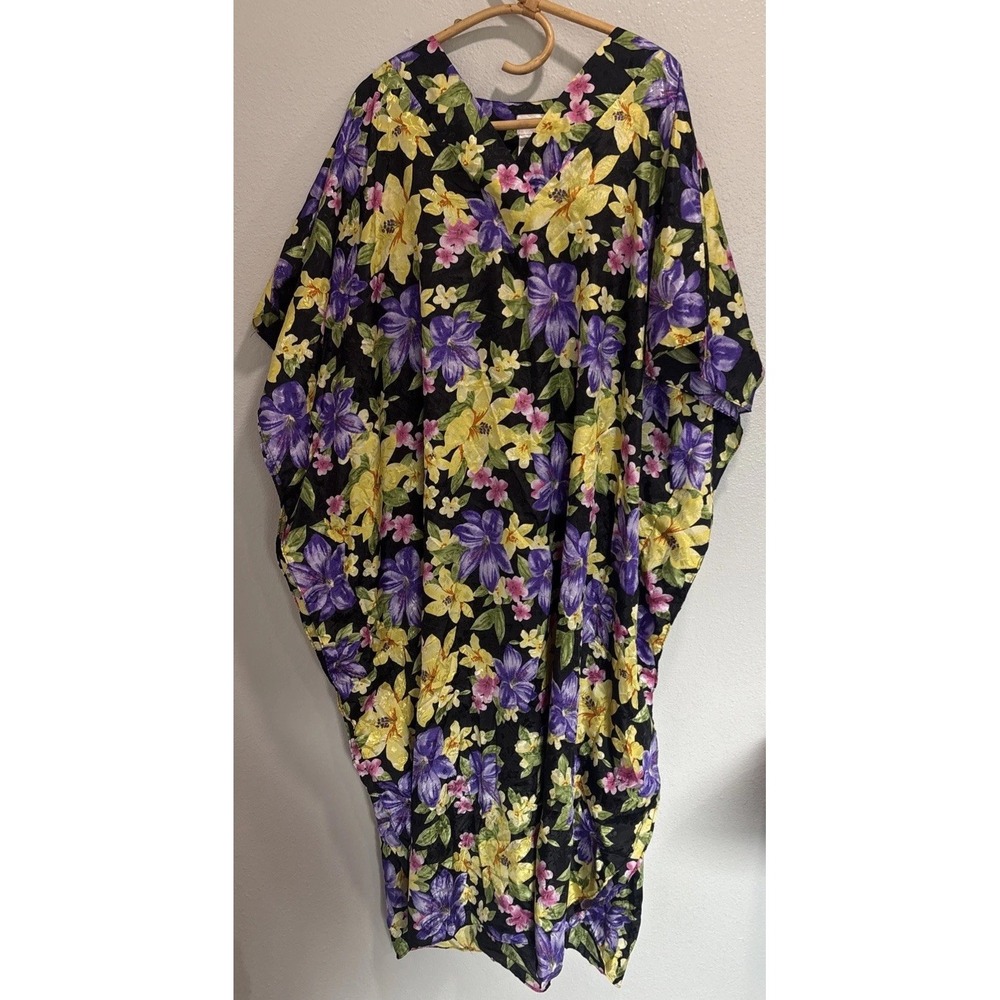 VTG Simply Basic Purple Yellow Black Floral Mumu House Dress Sz OSFM Tradwife